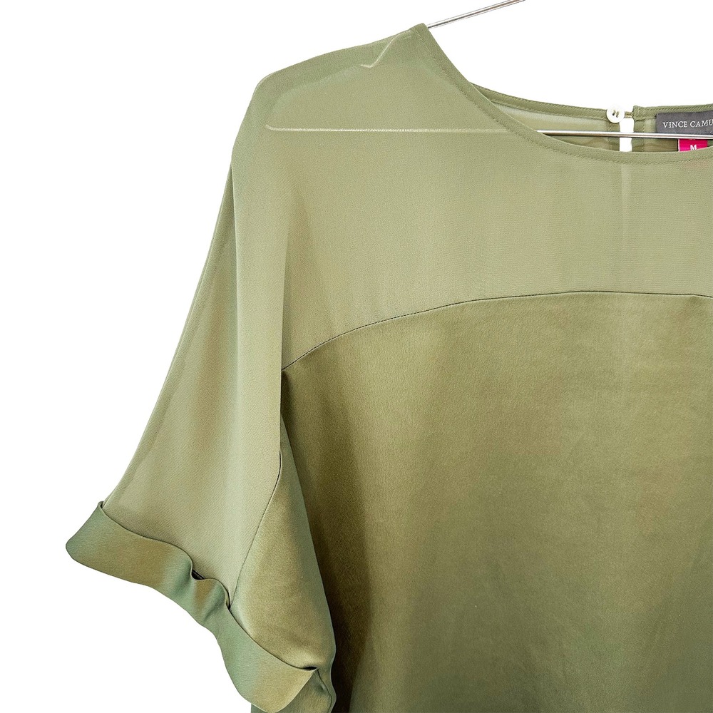 VINCE CAMUTO Sheer & Satin Short Sleeve Tee • Medium • olive, army green • chic - Picture 2 of 7